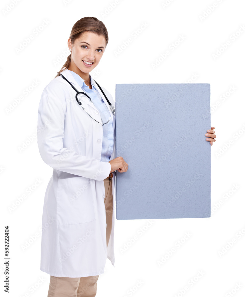 Portrait, poster and doctor or woman isolated on a transparent png background for healthcare presentation. Medical professional, blank and cardboard mockup for consulting advice, help or services Portrait, poster and doctor or woman isolated on a transparent png background for healthcare presentation. Medical professional, blank and cardboard mockup for consulting advice, help or services