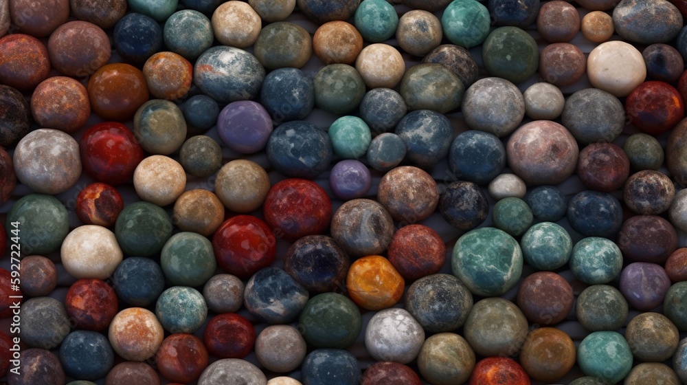 A seamless texture of rounded, multicoloured stones. Generative AI. A seamless texture of rounded, multicoloured stones. Generative AI.