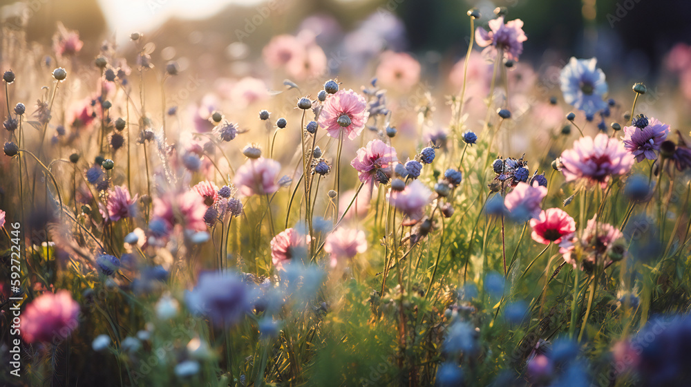 A serene close-up of elegant summer blooms in harmonious pastel colors, gently swaying in the breeze