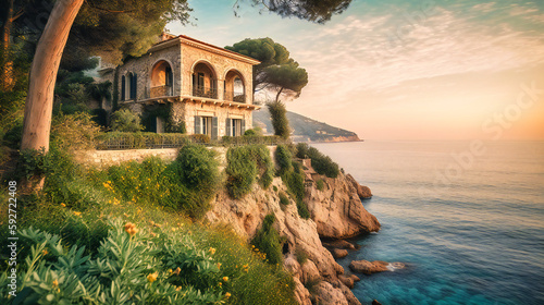 A mesmerizing image of a luxurious summer villa nestled on the coast, boasting captivating views and architectural elegance