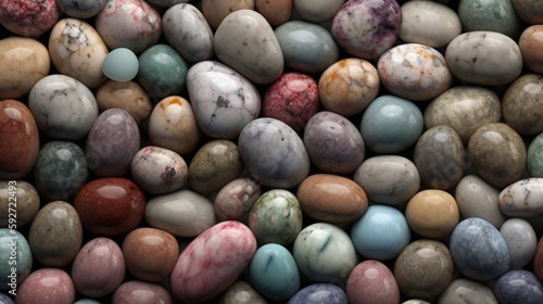 A seamless texture of rounded, multicoloured stones. Generative AI.
