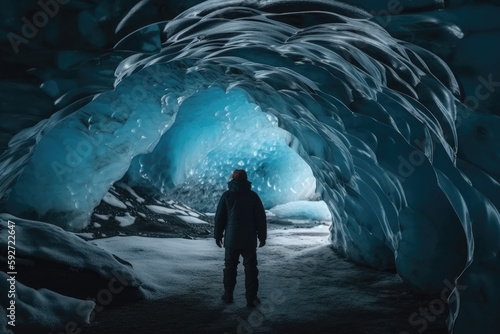 silhouette of a person in a cave of ice created with Generative AI technology