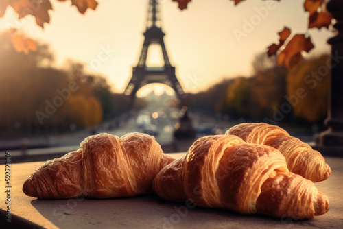two croissants on a table created with Generative AI technology