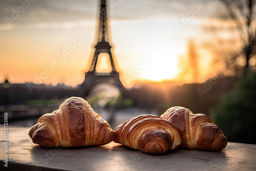 two croissants on a table created with Generative AI technology