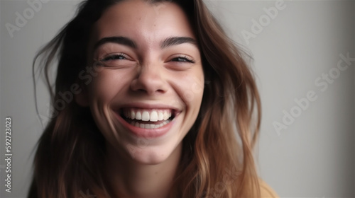 portrait of young woman with dark hair laughing showing teeth happy in front of background, generative ai, illustration