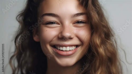 portrait of young woman with dark hair laughing showing teeth happy in front of background, generative ai, illustration
