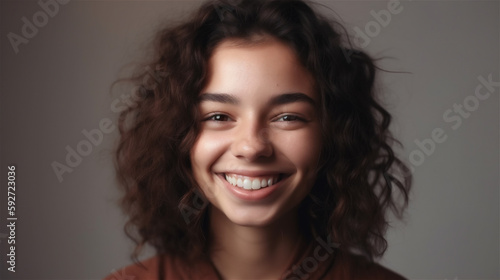 portrait of young woman with dark curly hair laughing showing teeth happy in front of background, generative ai, illustration