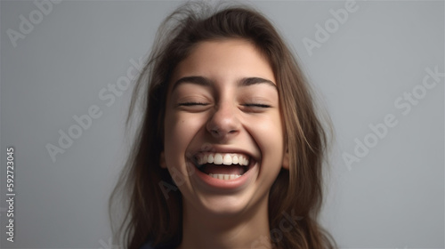 portrait of young woman with dark hair laughing showing teeth happy in front of background, generative ai, illustration