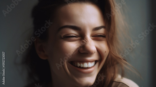 portrait of young woman with dark hair laughing showing teeth happy in front of background, generative ai, illustration