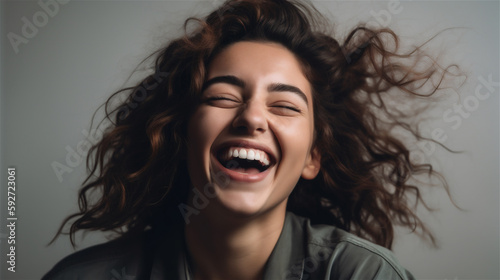 portrait of young woman with dark curly hair laughing showing teeth happy in front of background, generative ai, illustration