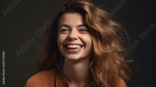portrait of young woman with blonde hair laughing showing teeth happy in front of background, generative ai, illustration