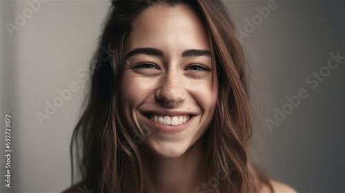 portrait of young woman with dark hair laughing showing teeth happy in front of background, generative ai, illustration