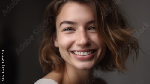 portrait of young woman with dark hair laughing showing teeth happy in front of background, generative ai, illustration