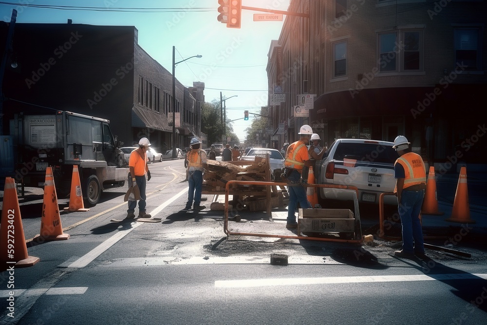 Town Street Road Work Zone with Barricades and Workers, Generative AI