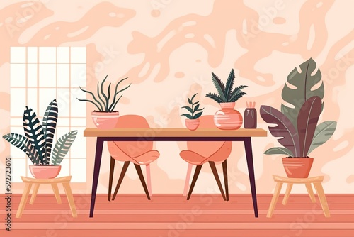a wood table, an indoor plant, and a salmon interior wall. Generative AI