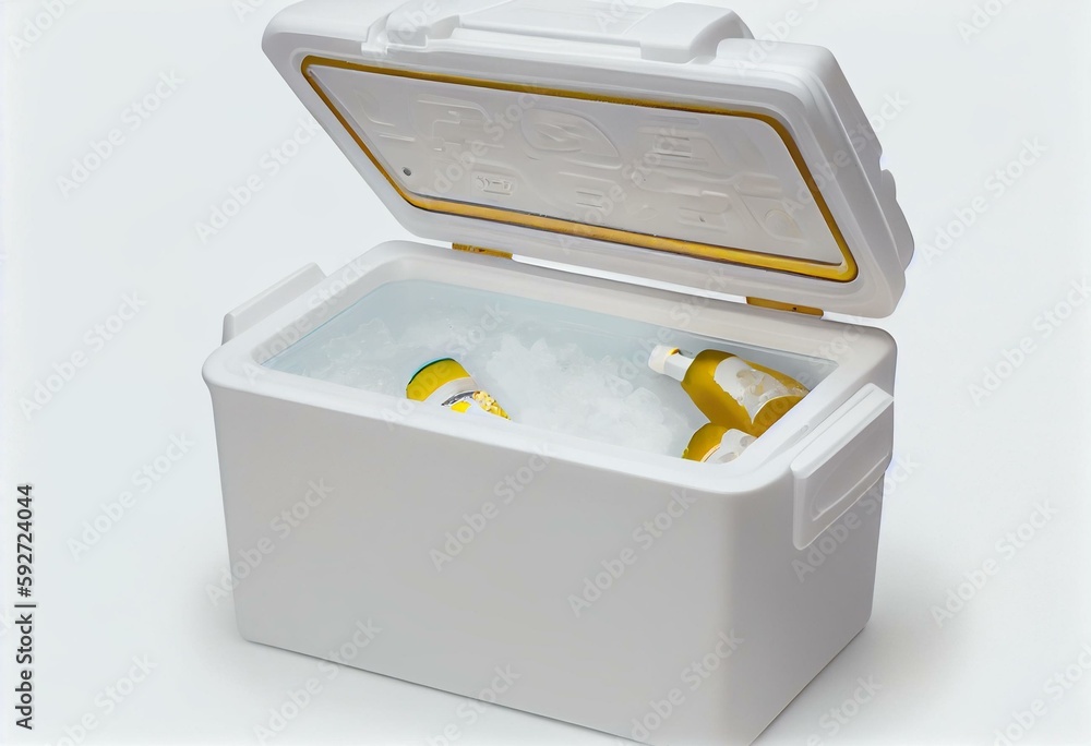 Cooler with ice. Styrofoam Cooler box. White foam plastic cooler box