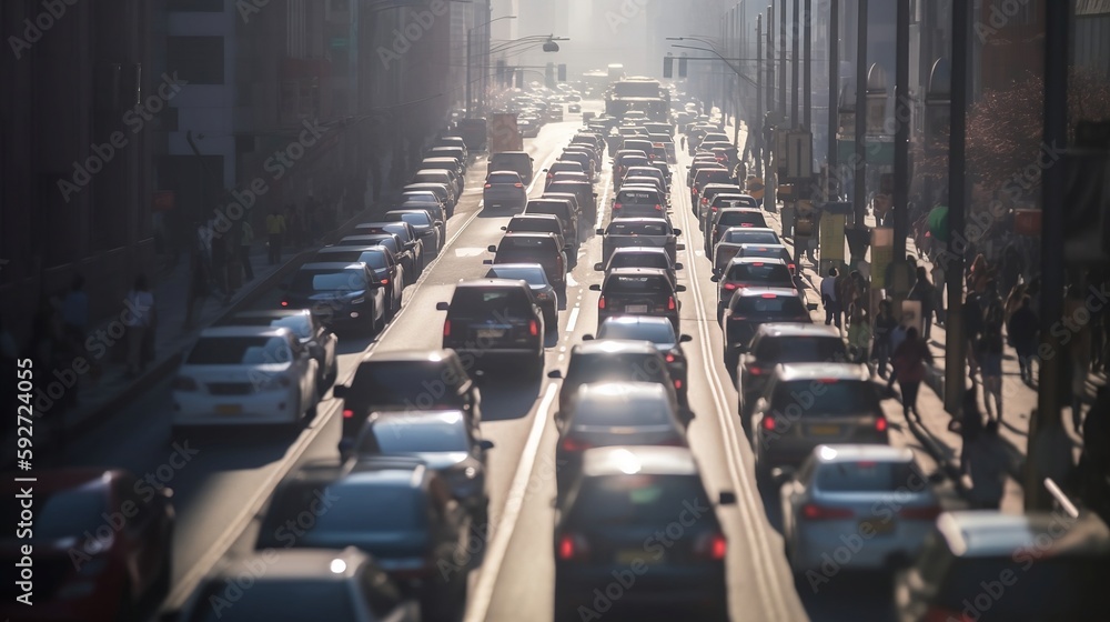 A massive traffic jam in the center of a big city surrounded by exhaust fumes