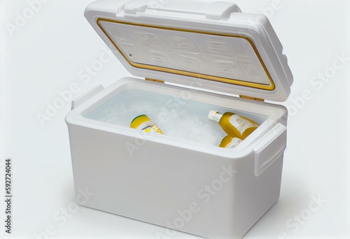 Cooler with ice. Styrofoam Cooler box. White foam plastic cooler box for ice. Take cold beer, drink, food on the beach. Fridge container for picnic. Isolated on white background with. Generative AI photo