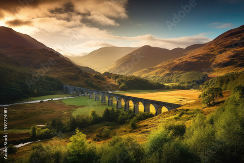 Jacobite steam train track via Glenfinnan Viaduct. Generative AI. photo