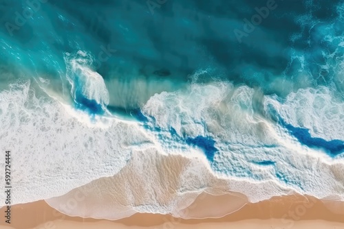 Ocean waves on the beach as a background. Beautiful natural summer vacation holidays background. Aerial top down view of beach and sea with blue water waves © Hanjin