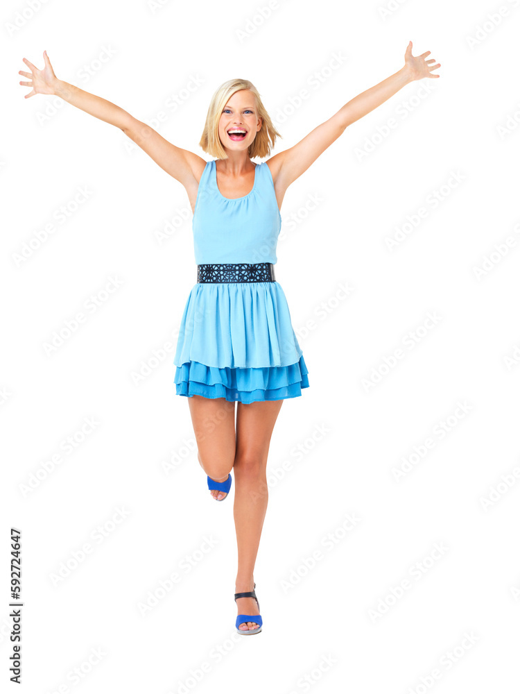 Excited, surprise and freedom with portrait of woman with celebration, motivation and fun. Freedom, wow and smile of a happy model girl with confidence and isolated on a transparent, png background Excited, surprise and freedom with portrait of woman with celebration, motivation and fun. Freedom, wow and smile of a happy model girl with confidence and isolated on a transparent, png background