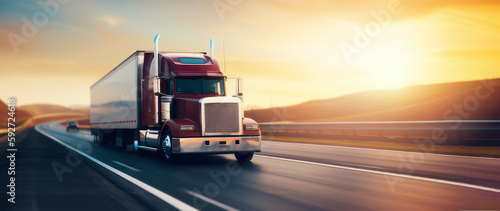 american truck on the road at sunset. banner with copy space. generative AI