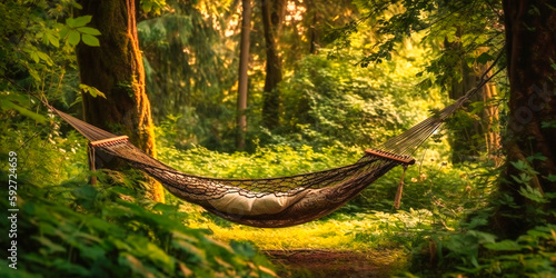 A serene, rejuvenating luxury hammock nestled in a secluded, lush woodland oasis