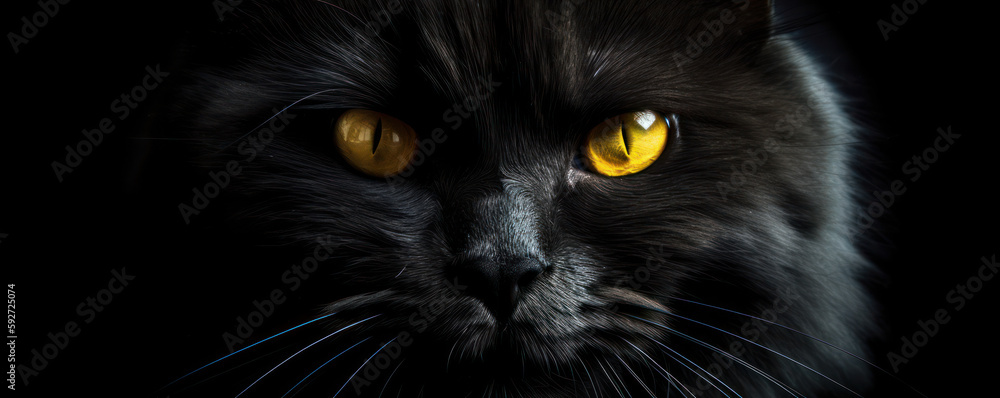 Intense yellow eyes of a mysterious black cat staring straight into the camera, making for a perfect Halloween poster. Is AI Generative. Intense yellow eyes of a mysterious black cat staring straight into the camera, making for a perfect Halloween poster. Is AI Generative.