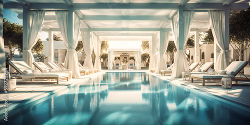 A lavish poolside lounge in a sunny  relaxing resort-like setting with azure blue accents