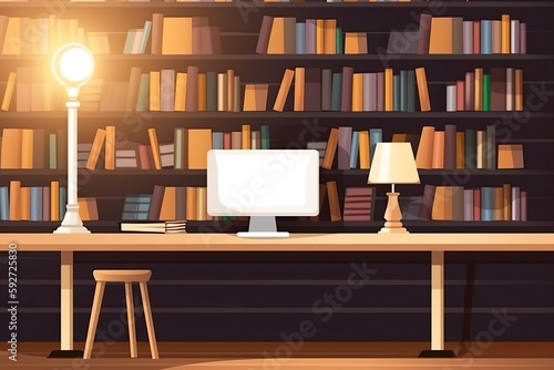 On a wooden platform, books and a laptop with a white, blank screen are arranged. Generative AI