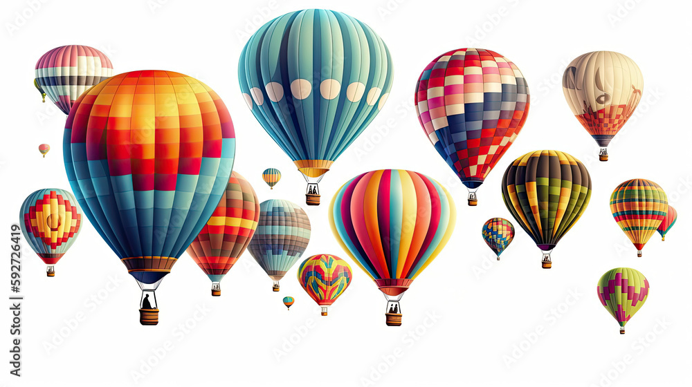 Hot air ballons background. Colorful sky airship. Heated air balloon with wicker basket. Generative AI Hot air ballons background. Colorful sky airship. Heated air balloon with wicker basket. Generative AI