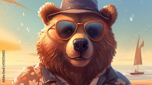 Cartoon grisly bear with sunglasses. Cute mammal illustration. Animal with soft fur on the beach. Generative AI