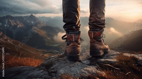 Mountain climber boots background. Extreme outdoor sport shoes. Hiker looking for adventure. Generative AI