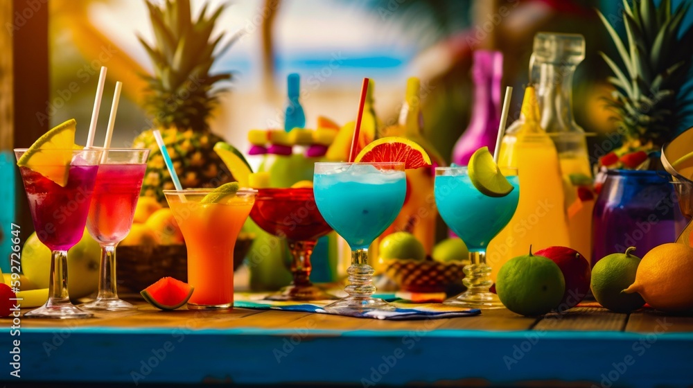 Bright juicy cocktails on a summer background, summer bar. Generative AI