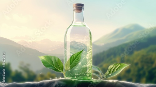 Pure mineral water in a glass bottle. Clean liquid on mountain background. Healthy drink product. Generative AI