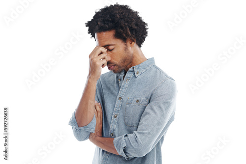 Headache, anxiety and PNG with a man isolated on a transparent background while suffering from stress or pressure. Mental health, burnout and tired with an exhausted young male feeling overworked