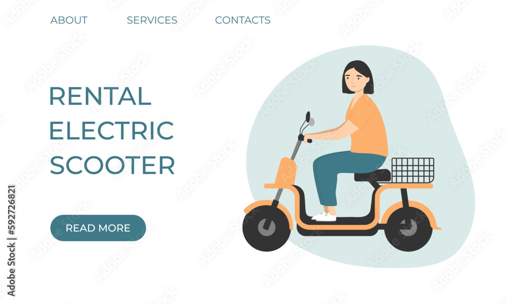 Rental electric scooter landing page. Young woman riding bike scooter. Flat cartoon style Rental electric scooter landing page. Young woman riding bike scooter. Flat cartoon style