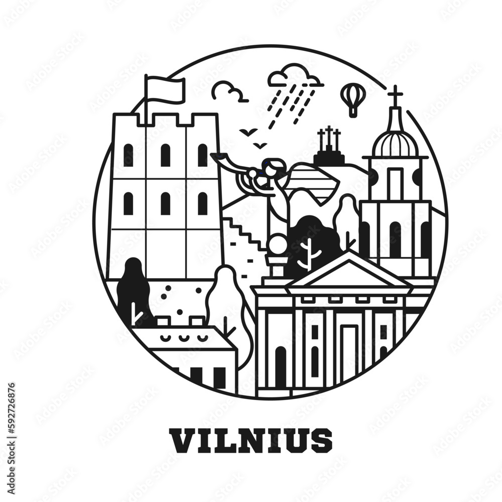 Travel Vilnius Icon with Castle Tower and Old Town