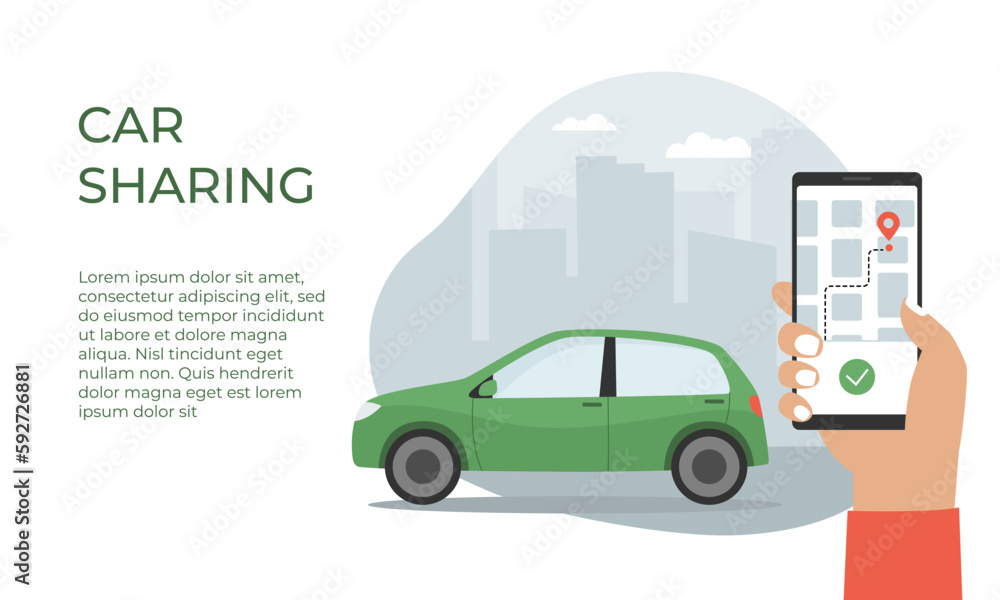 Carsharing service landing page. Car rental service via mobile application. Smartphone with an app to find a car location. Flat cartoon style.