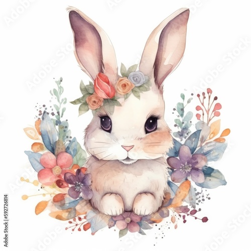Illustration of a watercolor painting featuring a cute rabbit adorned with flowers on its head, Generative AI