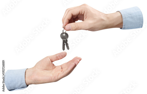 Two hands sharing a house key, cut out