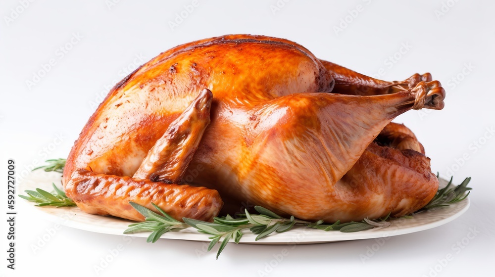 Cooked turkey on bowl isolated on white background. Generative AI Cooked turkey on bowl isolated on white background. Generative AI