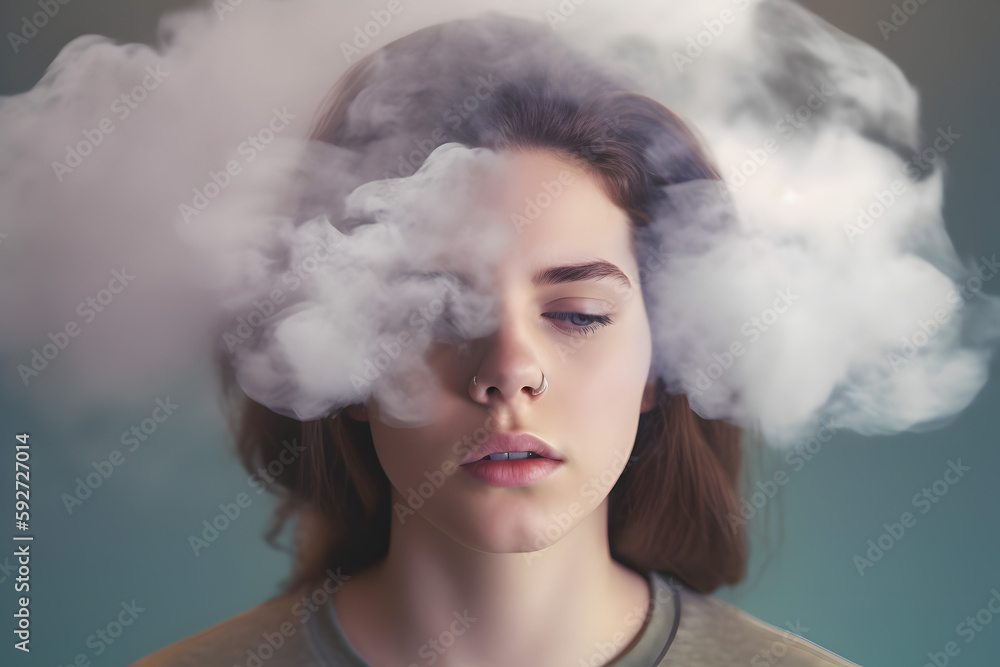 Girl with a clouded mind, her head in a cloud of smoke. Drunk blurred brain thinking, unhealthy, drunk, woozy. Generative AI.
