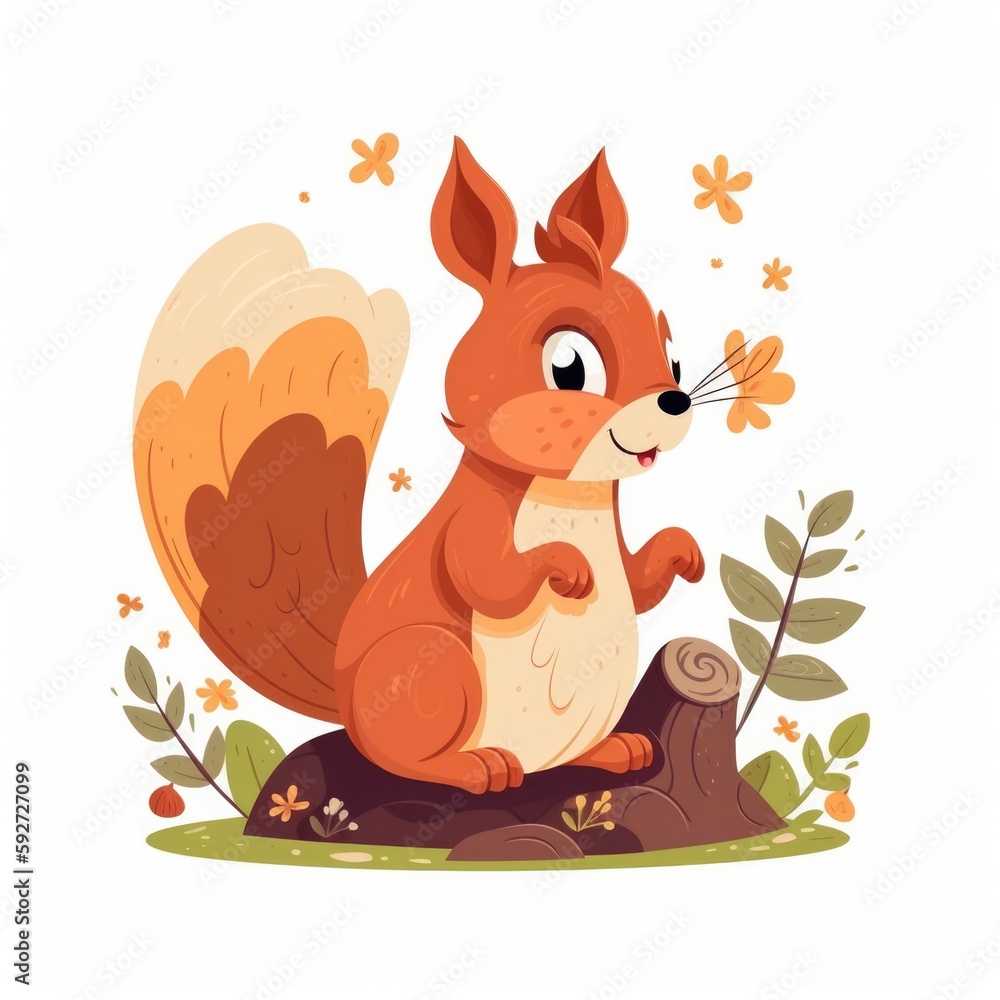 Illustration of a cute squirrel perched on a tree stump in a forest, Generative AI Illustration of a cute squirrel perched on a tree stump in a forest, Generative AI