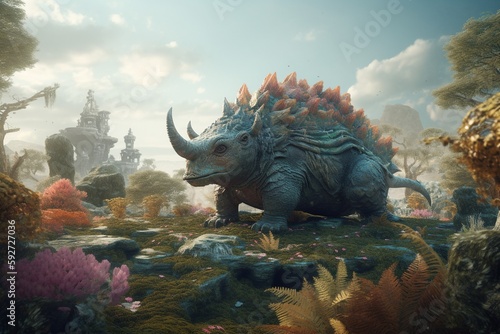 A whimsical illustration of a fantastical or mythical creature in a whimsical landscape, Generative AI