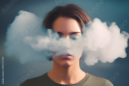 Girl with a clouded mind, her head in a cloud of smoke. Drunk blurred brain thinking, unhealthy, drunk, woozy. Generative AI.