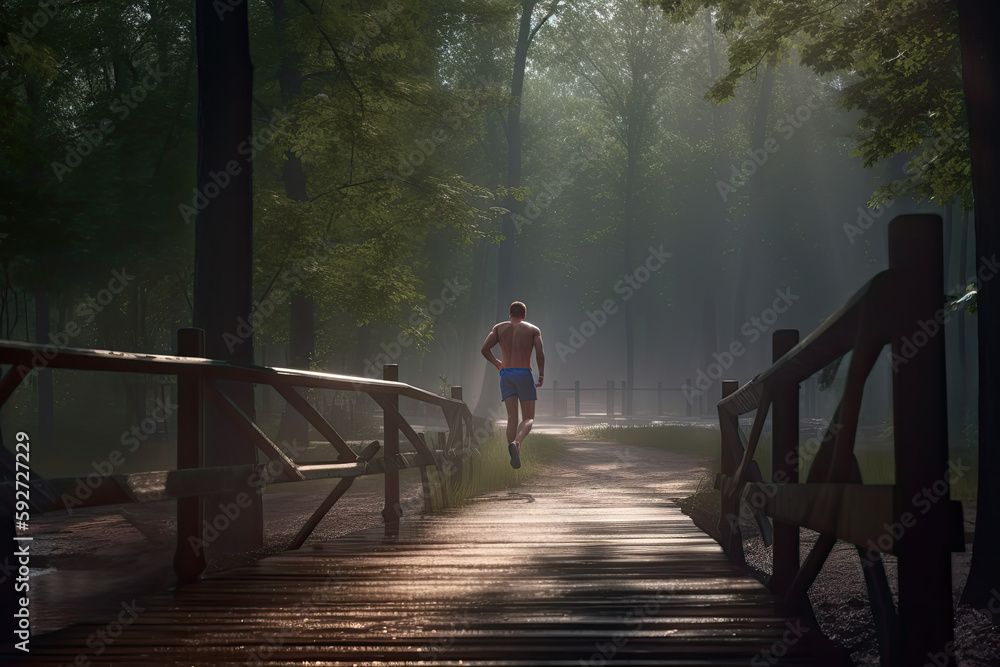 a man running in the woods in the morning, Generative AI