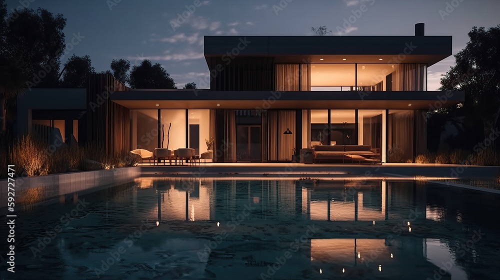 Luxury home, Expensive private villa, Swimming pool, Evening in a country house, Mansion exterior. Generative AI