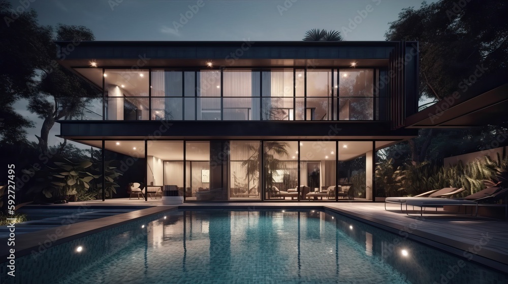 Luxury home, Expensive private villa, Swimming pool, Evening in a country house, Mansion exterior. Generative AI