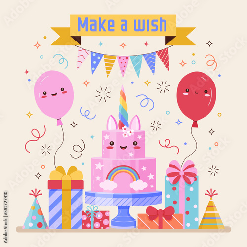 Fototapeta Naklejka Na Ścianę i Meble -  Make a Wish Birthday Card with Cute Kawaii Cake